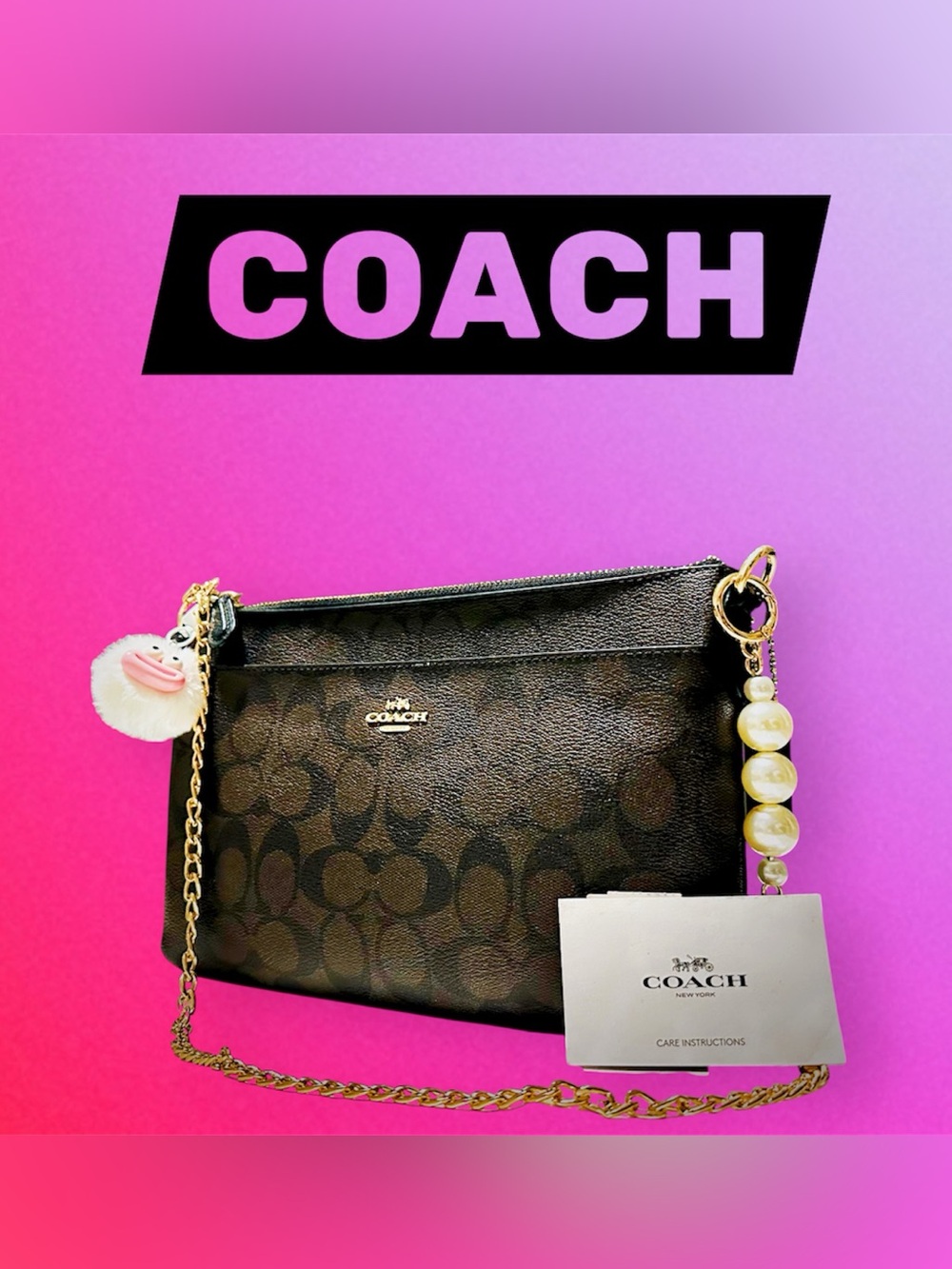 COACH Black Signature Monogram Chain Crossbody with Pearl Accent - Picture 6 of 17